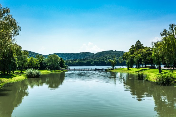 Vista di un ponte antico su un lago in un parco 