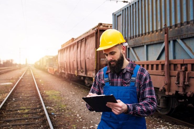 Un tecnico lavoratore compila un modulo accanto a treni e binari