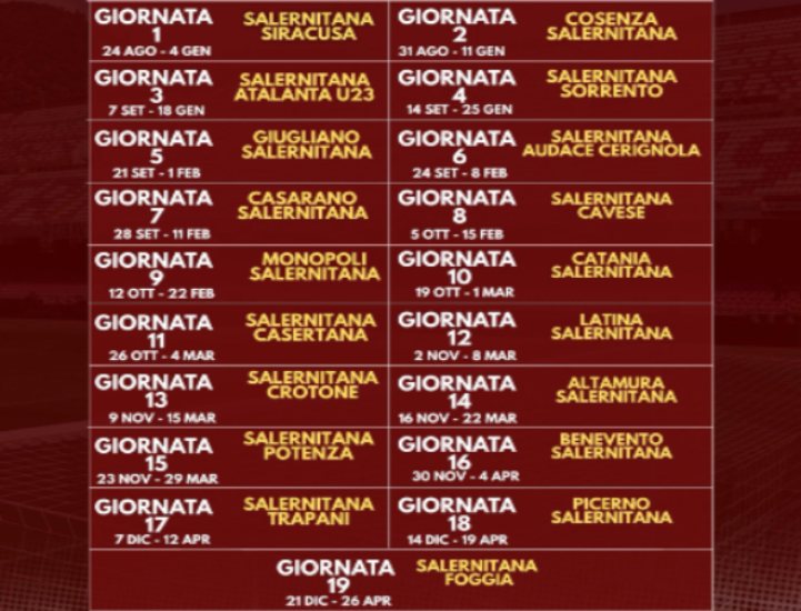 Calendario Salernitana (Fonte TuttosullaSalernitana Facebook) - salernosera.it