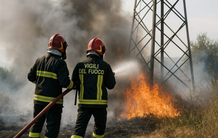 Incendio vicino a traliccio elettrico a Salerno: Vigili del Fuoco in azione