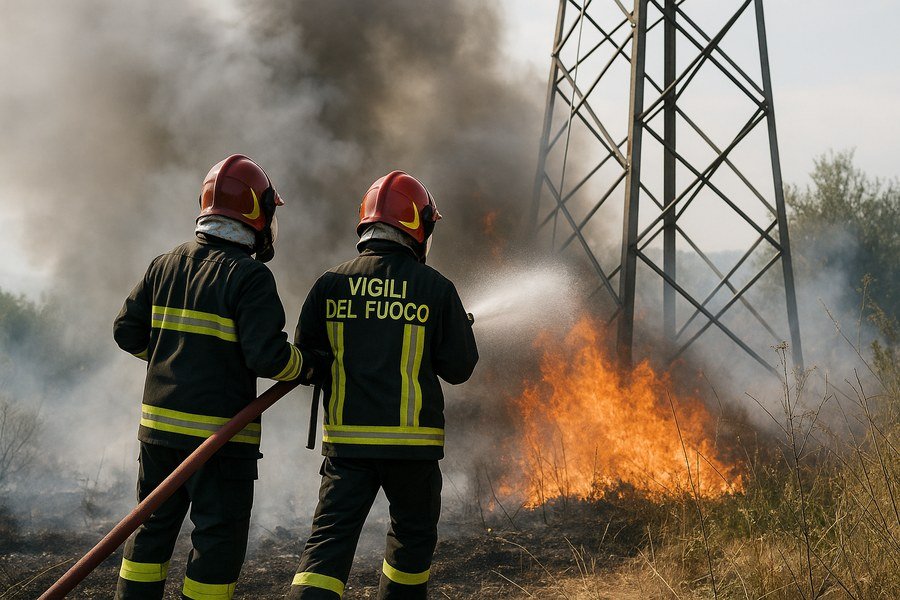 Incendio vicino a traliccio elettrico a Salerno: Vigili del Fuoco in azione