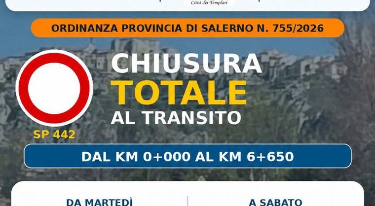 Chiusura della SP 442 a Caggiano per interventi di messa in sicurezza